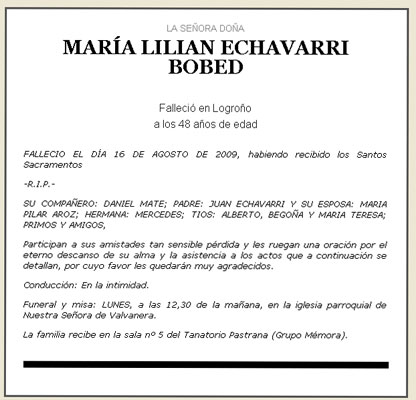 María Lilián Echavarri Bobed Todesanzeige / Esquela